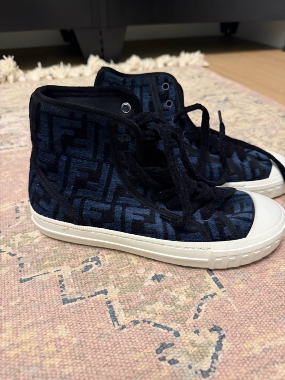 Fendi Navy Velvet FF Logo High-Top Sneakers